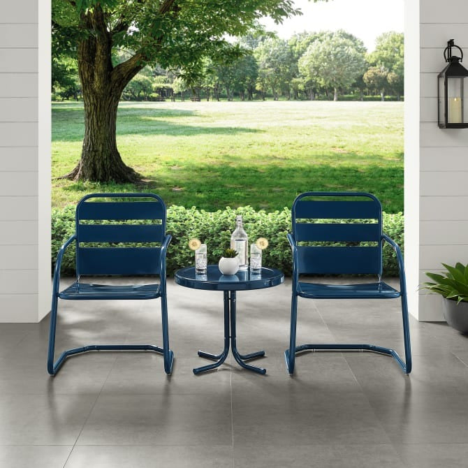 Crosley Furniture Brighton 3 PC Outdoor Chat Set in Navy Gloss Color