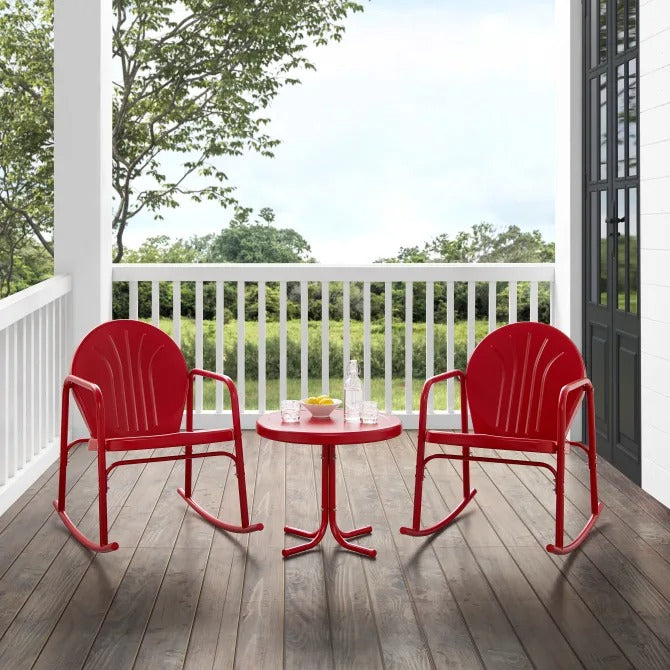 Crosley Furniture Griffith 3 PC Outdoor Rocking Chair Set in Bright Red Gloss Color