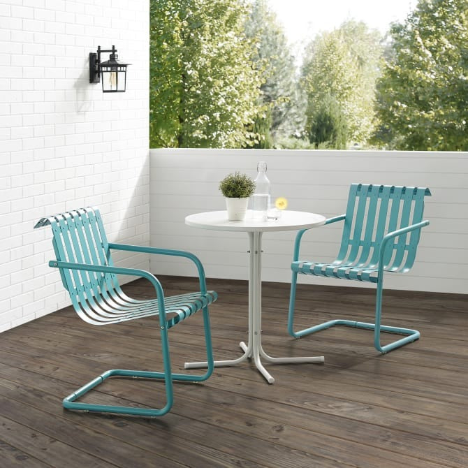 Crosley Brands Gracie 3Pc Outdoor Metal Bistro Set Pastel Blue Satin/White Satin - Bistro Table & 2 Armchairs