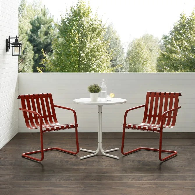 Crosley Brands Gracie 3Pc Outdoor Metal Bistro Set Dark Red Satin/White Satin - Bistro Table & 2 Armchairs
