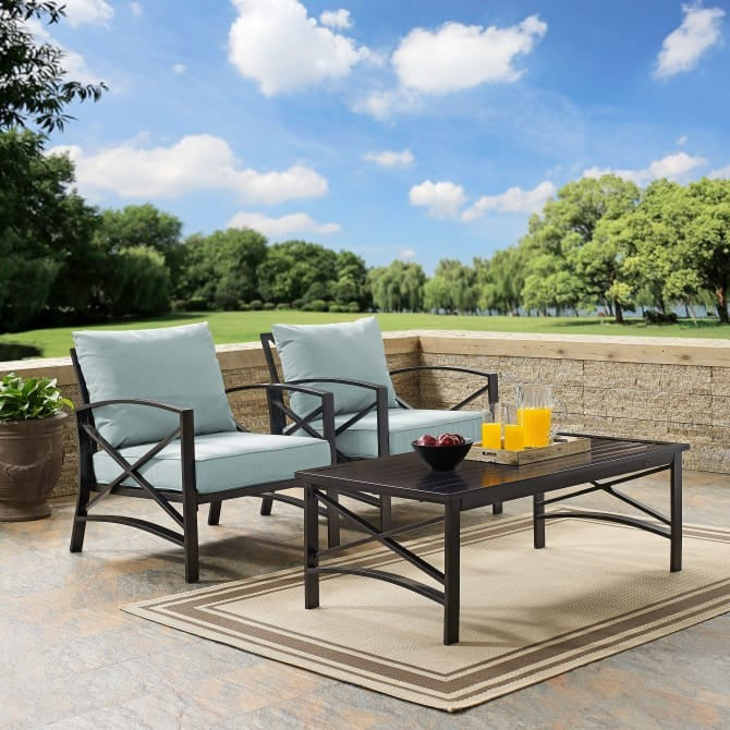 Crosley Furniture Kaplan 3-Piece Outdoor Chat Set in Mist and Oil Rubbed Bronze Color