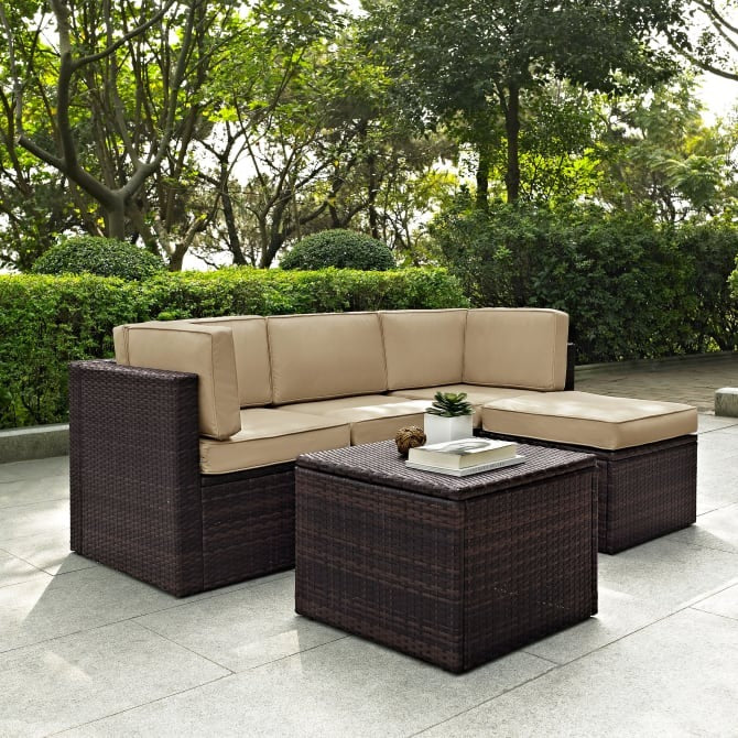 Crosley Furniture Palm Harbor 5-Piece Outdoor Wicker Sectional Set in Sand and Brown Color