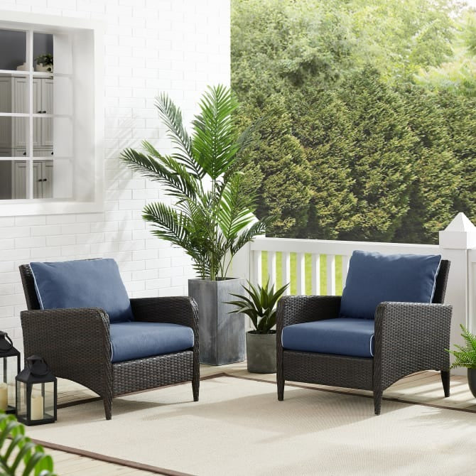 Crosley Furniture Kiawah 2-Piece Outdoor Wicker Arm Chair Set in Blue and Brown Color