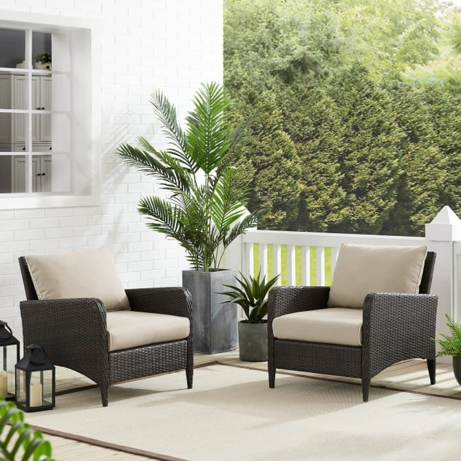Crosley Furniture Kiawah 2-Piece Outdoor Wicker Arm Chair Set in Sand and Brown Color