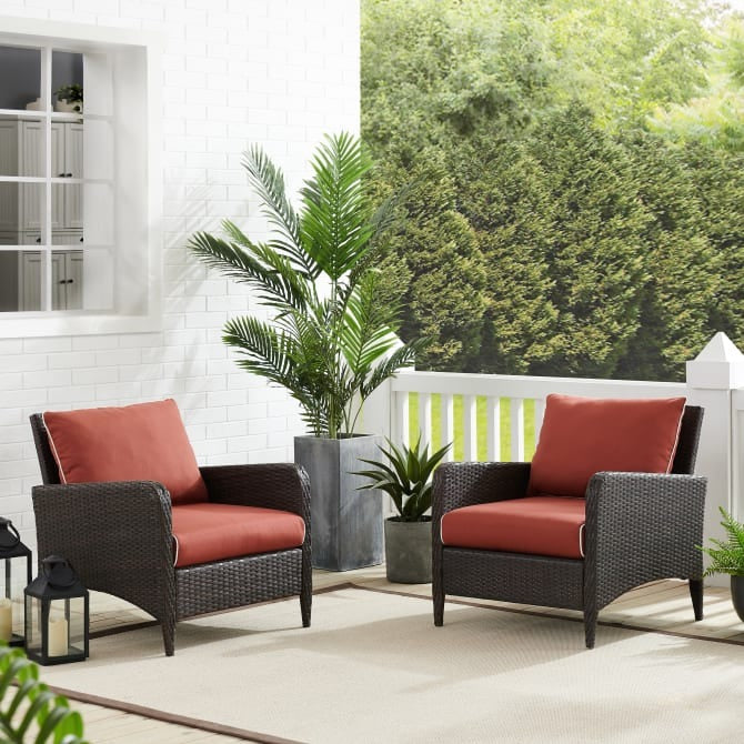 Crosley Furniture Kiawah 2-Piece Outdoor Wicker Arm Chair Set in Sangria and Brown Color