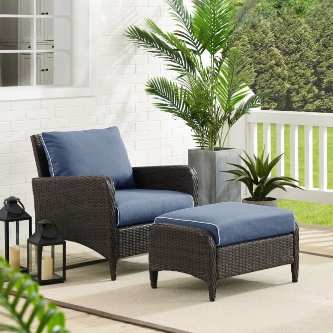 Crosley Furniture Kiawah 2-Piece Outdoor Wicker Arm Chair and Ottoman Set in Blue and Brown Color