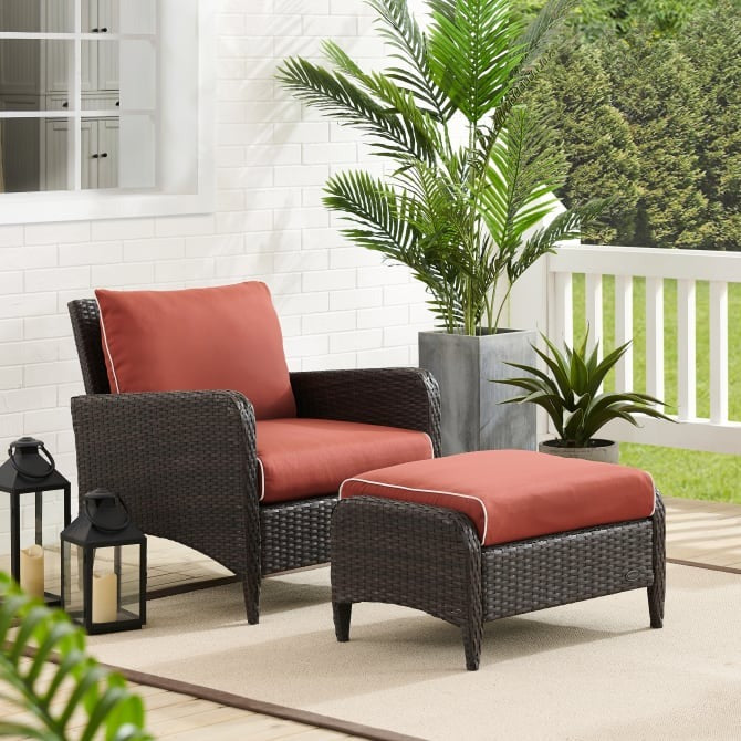 Crosley Furniture Kiawah 2-Piece Outdoor Wicker Arm Chair and Ottoman Set in Sangria and Brown Color