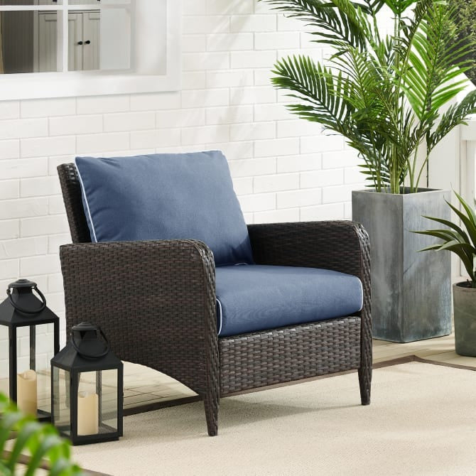 Crosley Furniture Kiawah Outdoor Wicker Arm Chair in Blue and Brown Color