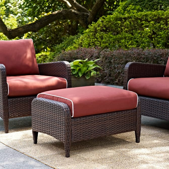 Crosley Furniture Kiawah Outdoor Wicker Ottoman in Sangria and Brown Color