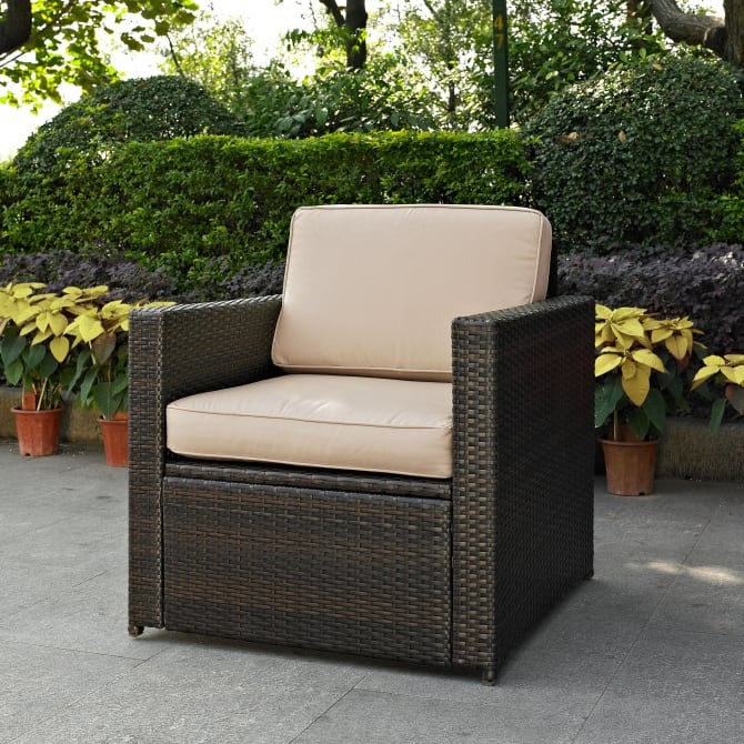 Crosley Furniture Palm Harbor Outdoor Wicker Arm Chair in Sand and Brown Color
