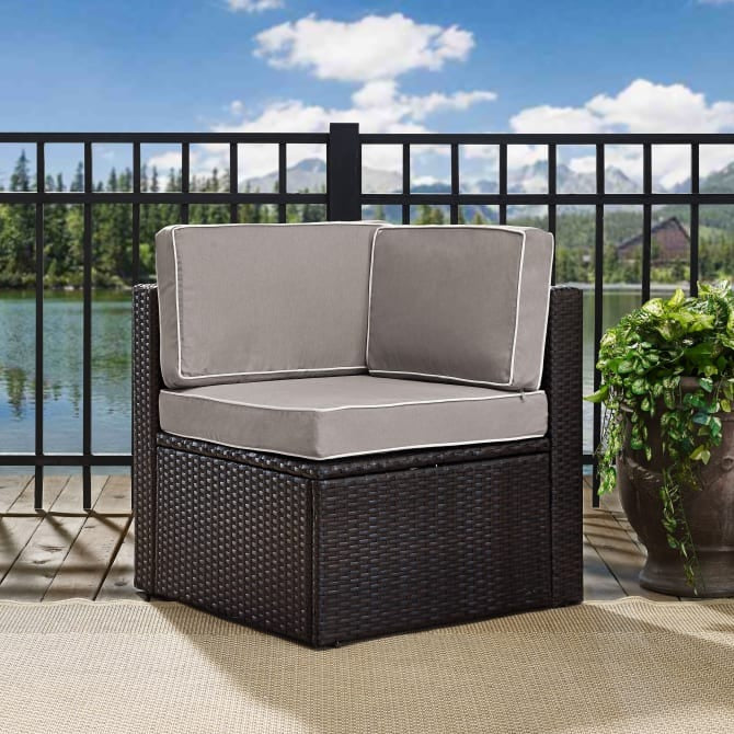 Crosley Furniture Palm Harbor Outdoor Wicker Corner Chair in Gray and Brown Color