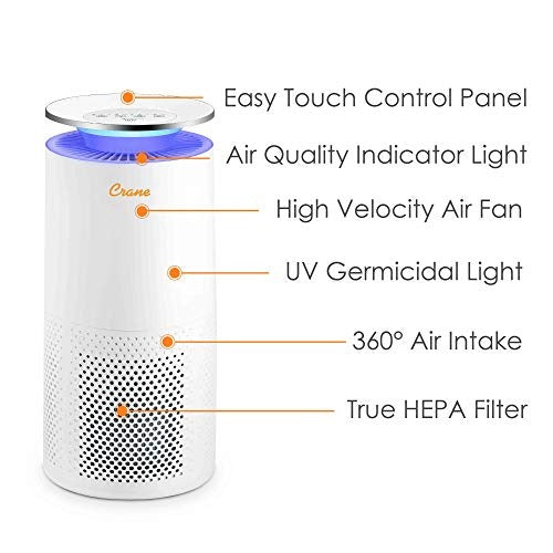 Crane Air Purifier with True HEPA Filter, 500 Sq Feet Coverage, Timer Function, Sleep Mode, Built in Air Quality Monitor, EE-5069