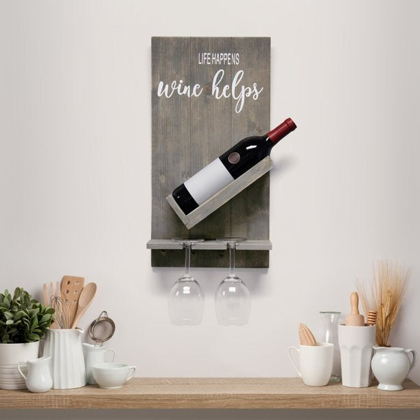 Elegant Designs Lucca Wall Mounted Wooden “Life Happens Wine Helps” Wine Bottle Shelf with Glass Holder, Rustic Gray