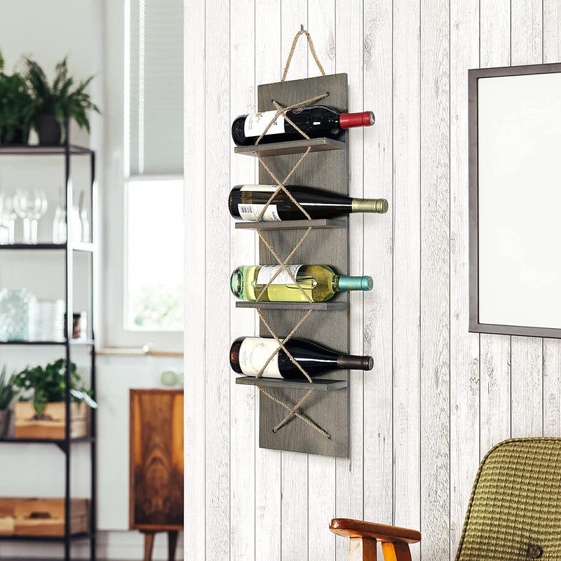 Elegant Designs Holder, Rustic Gray Positano Nautical Rope 4 Bottle Vertical Wall Mounted Wood Wine Rack, 8 x 4