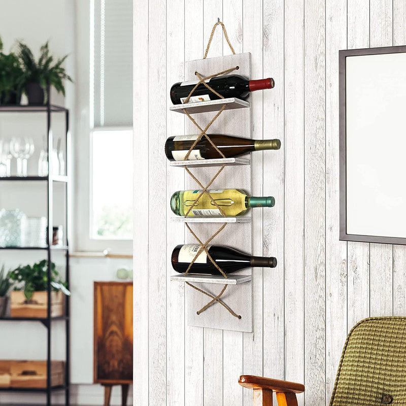 Elegant Designs Holder, White Wash Positano Nautical Rope 4 Bottle Vertical Wall Mounted Wood Wine Rack, 8 x 4