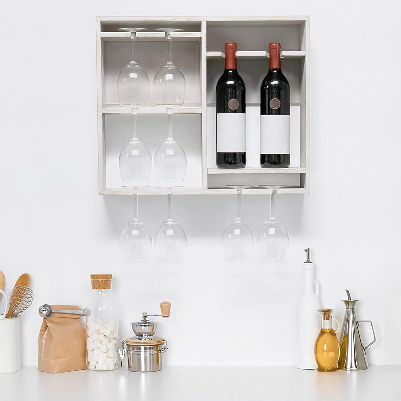 Home Outfitters Wall Mounted Wood Wine Rack Shelf with Glass Holder, 19.7 x 4.4, White Wash