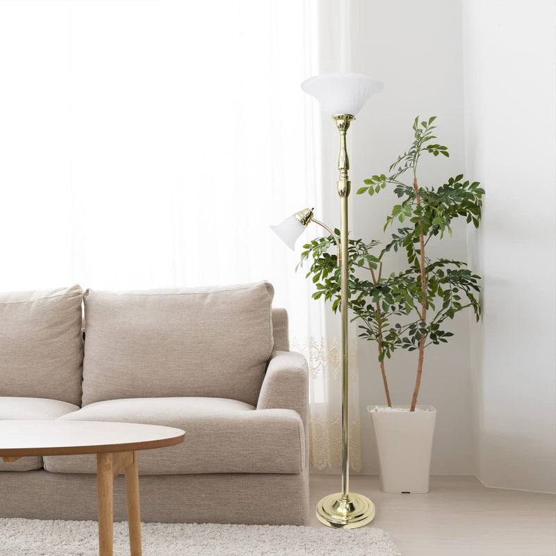 Lalia Home Torchiere Floor Lamp with Reading Light and Marble Glass Shades, Gold