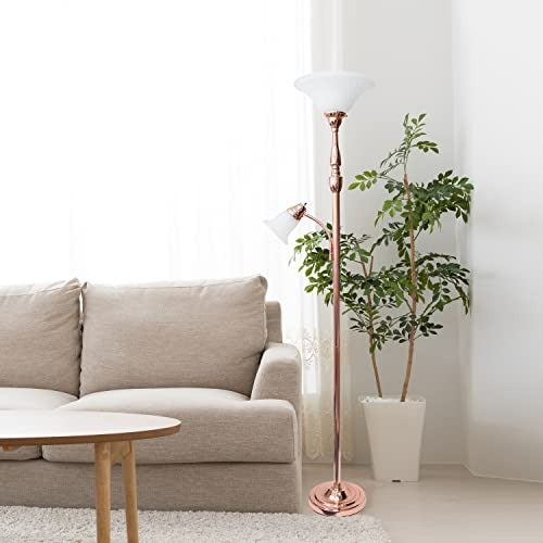 Lalia Home Torchiere Floor Lamp with Reading Light and Marble Glass Shades, Rose Gold