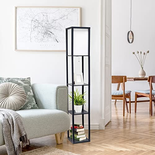 Lalia Home Column Shelf Floor Lamp with Linen Shade, Black