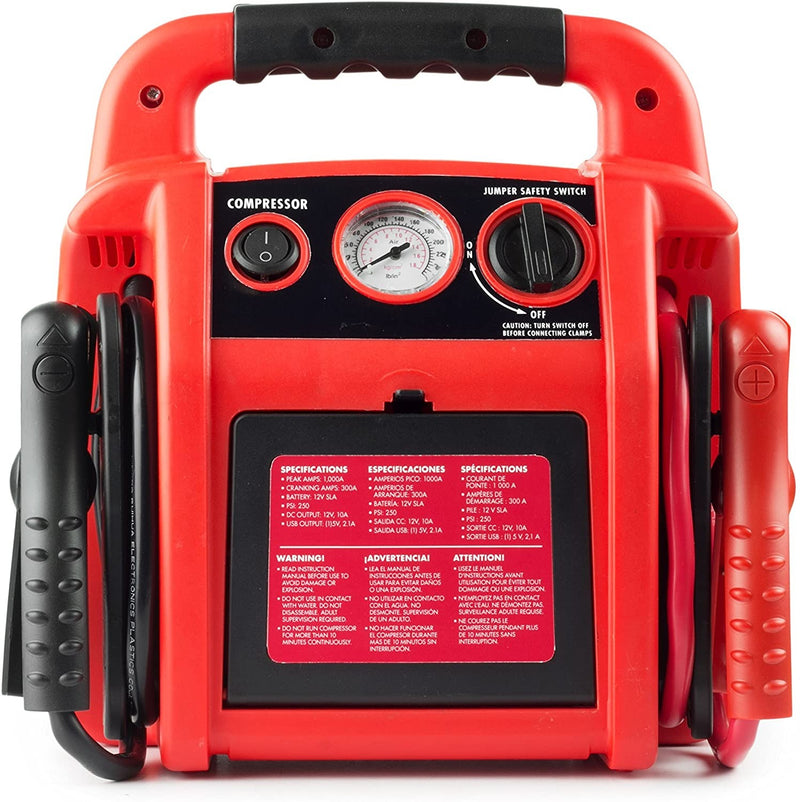 Wagan EL7552 Jumpboost V8 Air 1000 Peak Ampere Jump Starter, equipped with 260 PSI air compressor, 1 built-in DC socket and USB port, red