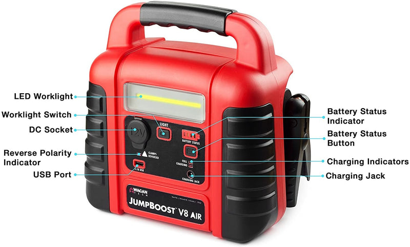 Wagan EL7552 Jumpboost V8 Air 1000 Peak Ampere Jump Starter, equipped with 260 PSI air compressor, 1 built-in DC socket and USB port, red