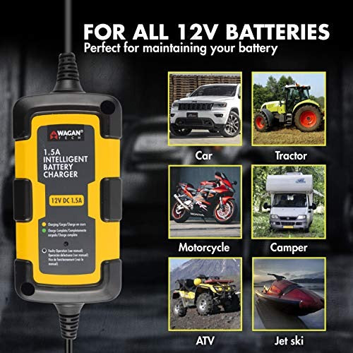 Wagan EL7402 12V 1.5A Intelligent Battery Charger, Battery Maintainer, Fully-Automatic Smart Charger