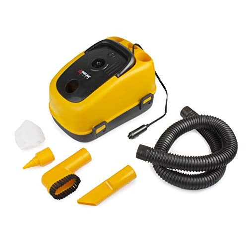 Wagan EL7205 12V Wet/Dry Auto Vacuum Cleaner for Vehicles with 40-inch Flexible Hose and 3 Nozzles, Inflate Function for Pool Toys, Air Mattress, Yellow, Black