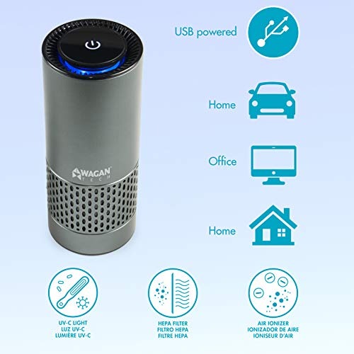 Wagan EL2871 Portable USB Powered Air Purifier HEPA Filter for Home Bedroom Office Desktop Pet Room Air Cleaner for Car
