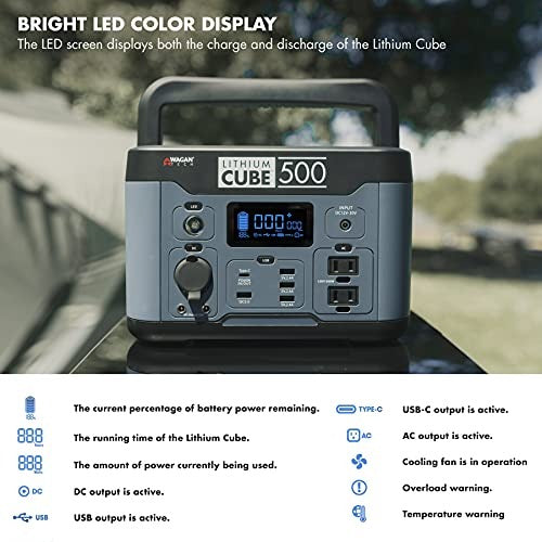 Wagan EL8834 Lithium Cube 500 Portable Power Station 515Wh Backup Lithium Battery, 120V 600W Pure Sine Wave AC Outlet, 12V DC Outlet, USB Outlet, Solar Generator (Solar Panel Not Included) for Outdoors Camping Travel Hunting Emergency