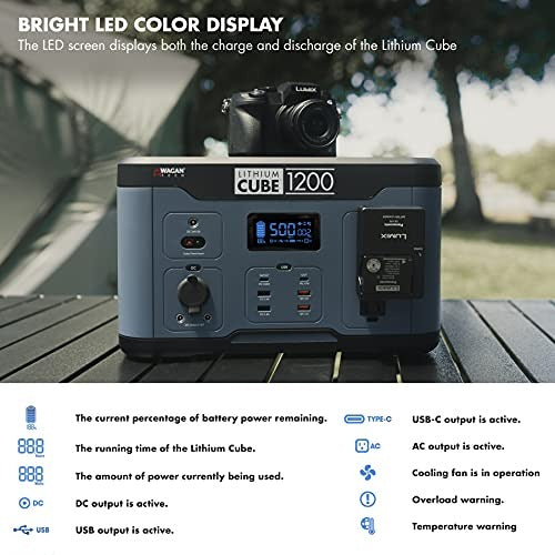 Wagan EL8836 Lithium Cube 1200 Portable Power Station 1166Wh Backup Lithium Battery, 120V 1000W Pure Sine Wave AC Outlet, 12V DC Outlet, USB Outlet, Solar Generator (Solar Panel Not Included) for Outdoors Camping Travel Hunting Emergency