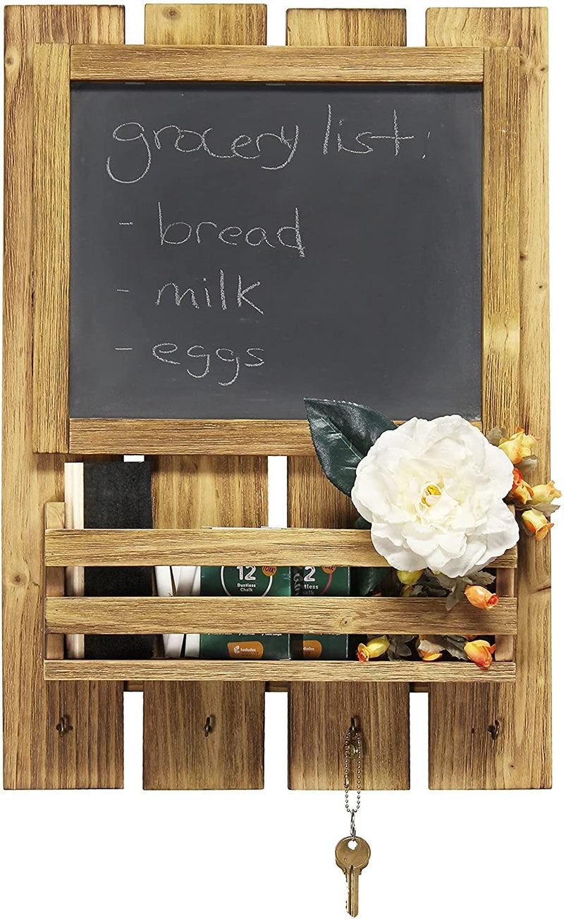 HomePlace  Chalkboard Sign with Key Holder Hooks and Mail Storage, Natural Wood