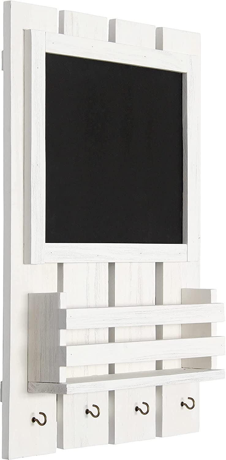 HomePlace  Chalkboard Sign with Key Holder Hooks and Mail Storage, White Wash