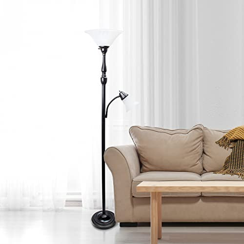 Torchiere Floor Lamp with Reading Light and Marble Glass Shades, Restoration Bronze