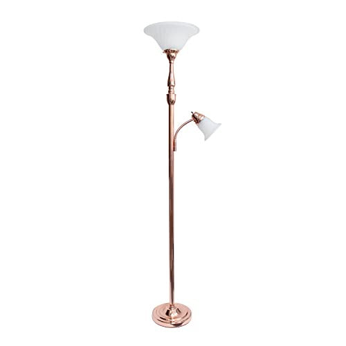 Torchiere Floor Lamp with Reading Light and Marble Glass Shades, Rose Gold