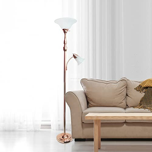 Torchiere Floor Lamp with Reading Light and Marble Glass Shades, Rose Gold