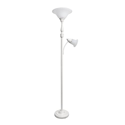 Torchiere Floor Lamp with Reading Light and Marble Glass Shades, White
