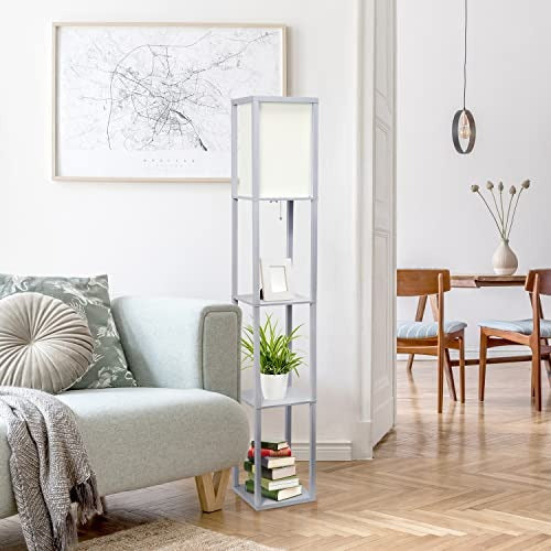 Home Outfitters Column Shelf Floor Lamp with Linen Shade, Gray