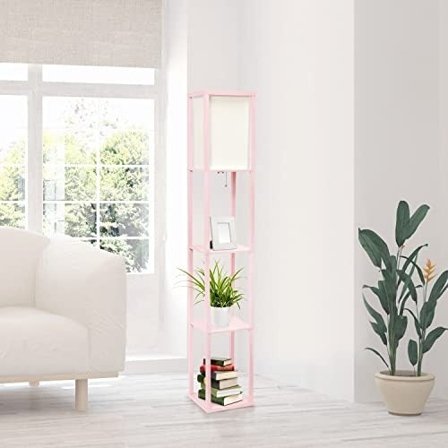Home Outfitters Column Shelf Floor Lamp with Linen Shade, Light Pink