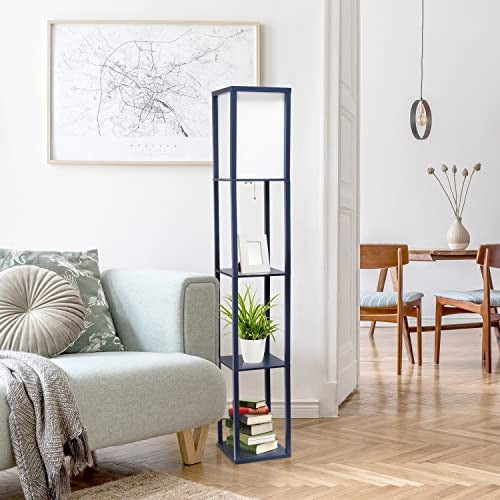 Home Outfitters Column Shelf Floor Lamp with Linen Shade, Navy