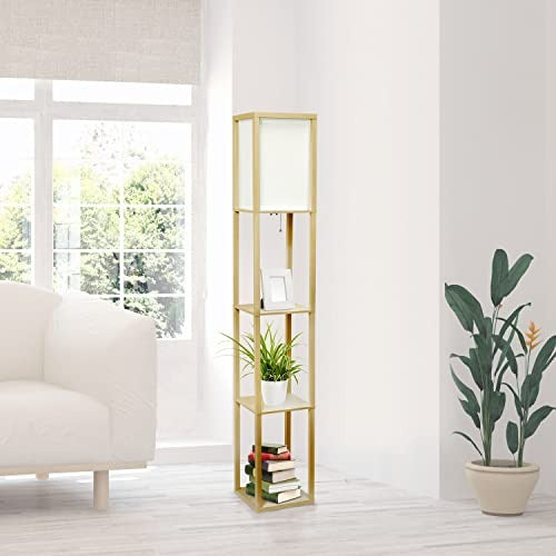 Home Outfitters Column Shelf Floor Lamp with Linen Shade, Tan
