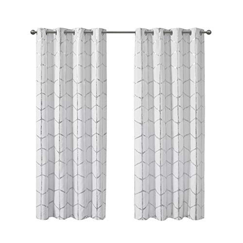 Intelligent Design Raina Total Blackout Metallic Print Grommet Top Single Window Curtain Panel Thermal Insulated Light Blocking Drape for Bedroom Living Room and Dorm 1 Piece, 50x63, White/Silver