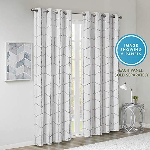 Intelligent Design Raina Total Blackout Metallic Print Grommet Top Single Window Curtain Panel Thermal Insulated Light Blocking Drape for Bedroom Living Room and Dorm 1 Piece, 50x84, White/Silver