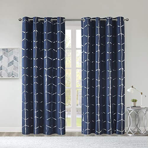 Intelligent Design Raina Total Blackout Metallic Print Grommet Top Single Window Curtain Panel Thermal Insulated Light Blocking Drape for Bedroom Living Room and Dorm 1 Piece, 50x63, Navy/Silver