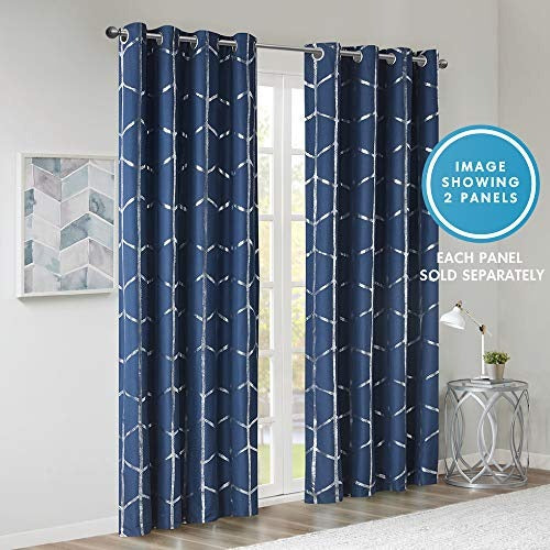 Intelligent Design Raina Total Blackout Metallic Print Grommet Top Single Window Curtain Panel Thermal Insulated Light Blocking Drape for Bedroom Living Room and Dorm 1 Piece, 50x84, Navy/Silver