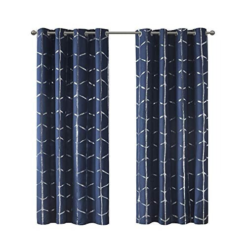 Intelligent Design Raina Total Blackout Metallic Print Grommet Top Single Window Curtain Panel Thermal Insulated Light Blocking Drape for Bedroom Living Room and Dorm 1 Piece, 50x84, Navy/Silver