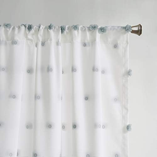 Intelligent Design Sophie Sheer Single Window Curtain Panel Clipped Pompom Embelished Privacy Drape with Rod Pocket for Bedroom, Livingroom, 50" x 63", Dusty Blue