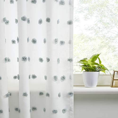 Intelligent Design Sophie Sheer Single Window Curtain Panel Clipped Pompom Embelished Privacy Drape with Rod Pocket for Bedroom, Livingroom, 50" x 84", Dusty Blue