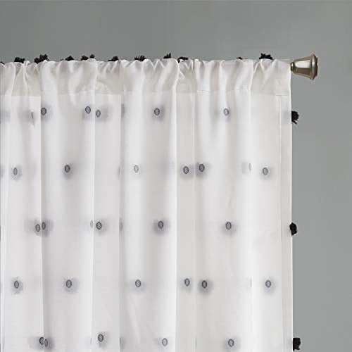 Intelligent Design Sophie Sheer Single Window Curtain Panel Clipped Pompom Embelished Privacy Drape with Rod Pocket for Bedroom, Livingroom, 50" x 63", Black