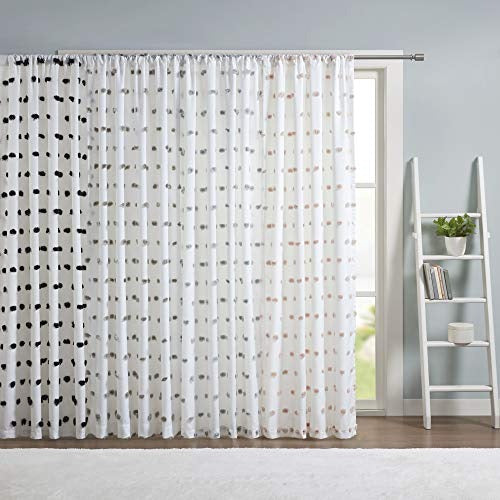 Intelligent Design Sophie Sheer Single Window Curtain Panel Clipped Pompom Embelished Privacy Drape with Rod Pocket for Bedroom, Livingroom, 50" x 63", Black