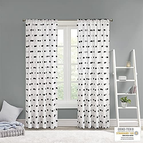 Intelligent Design Sophie Sheer Single Window Curtain Panel Clipped Pompom Embelished Privacy Drape with Rod Pocket for Bedroom, Livingroom, 50" x 84", Black
